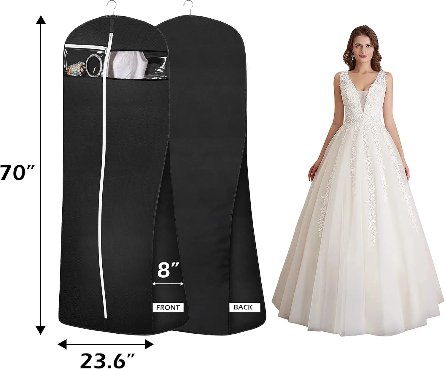 MISSLO 70" Bridal Wedding Gown Dress Garment Bag with Accessories Pouch Large Travel Garment Cover 8" Gusset (Black), 1 Pack