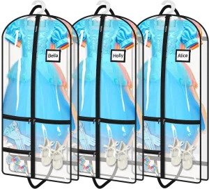MISSLO All Clear Garment Bags for Dance Costumes Hanging Dance Garment Bags for Dancers with 3 Zippered Pockets Plastic Cheer Uniform Garment Bag, 3 Packs