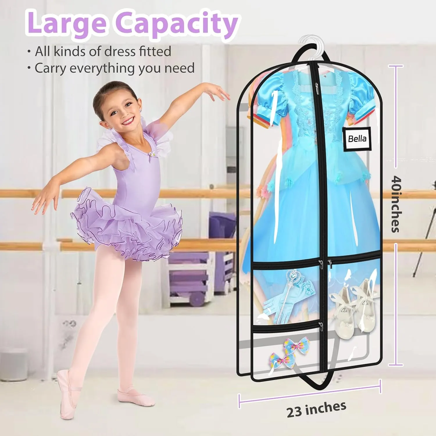 MISSLO All Clear Garment Bags for Dance Costumes Hanging Dance Garment Bags for Dancers with 3 Zippered Pockets Plastic Cheer Uniform Garment Bag, 3 Packs