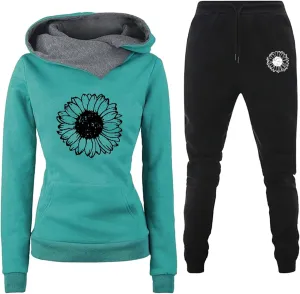 Miyaomn Cute Sunflower Print Slim Fit Tracksuits for Women 2 Piece Long Sleeve Hooded Top and Jogger Pants Fitness Gym Outfit