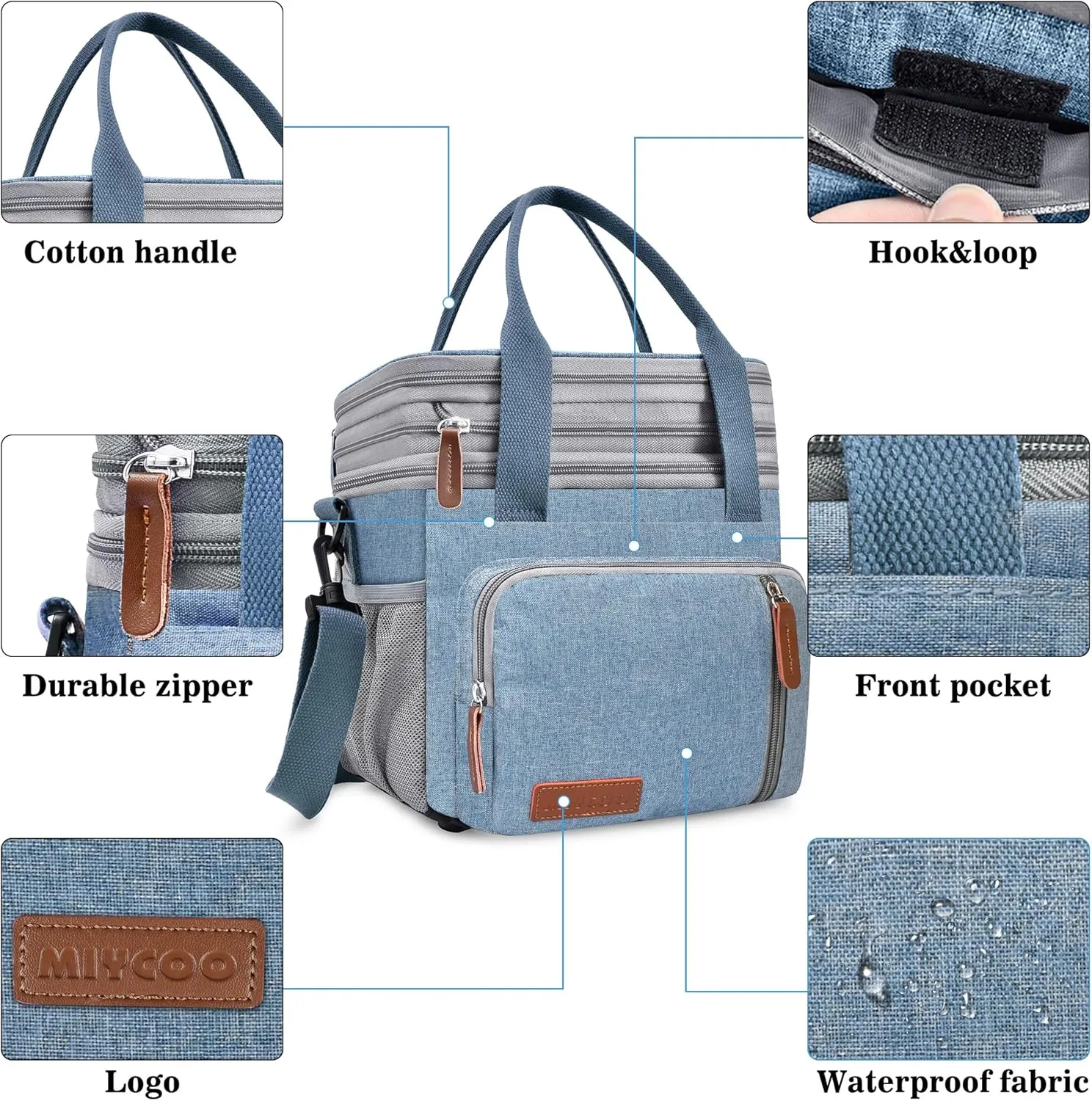 MIYCOO Lunch Bag for Women Men Double Deck Lunch Box - Leakproof Insulated Soft Large Lunch Cooler Bag, (Blue,15L)
