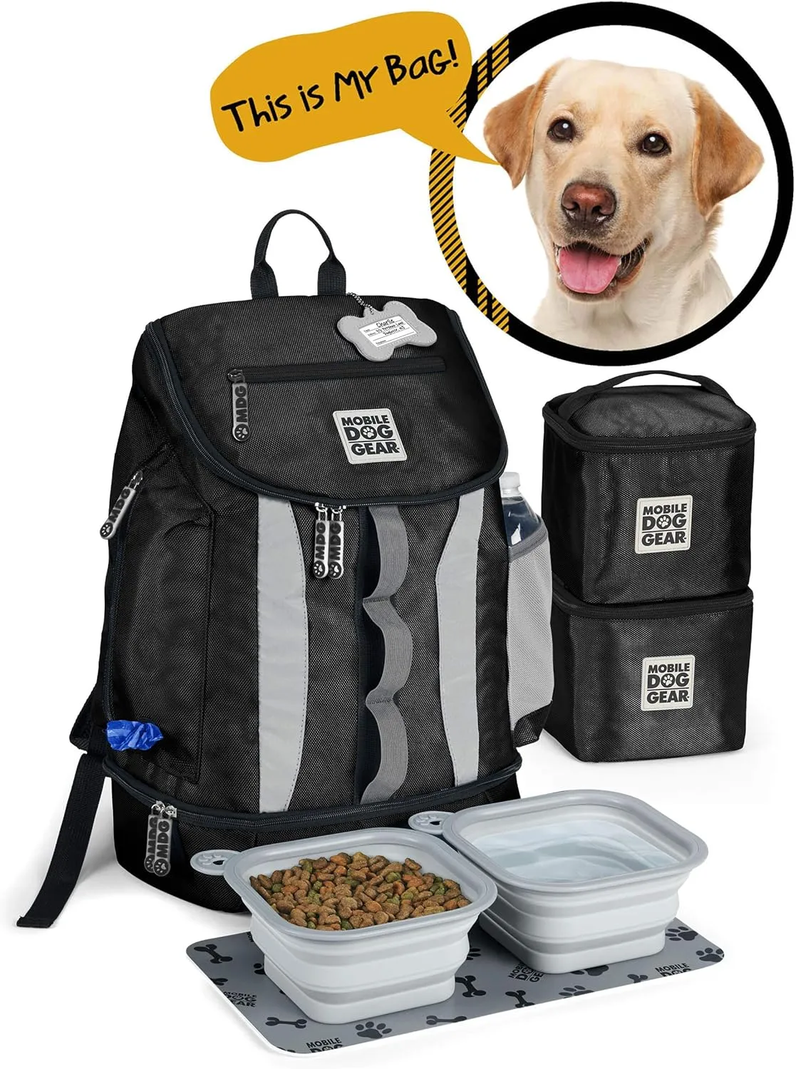 Mobile Dog Gear, Dog Travel Bag, Drop Bottom Week Away Backpack for Medium and Large Dogs, Includes 2 Lined Food Carriers and 2 Collapsible Dog Bowls, Black