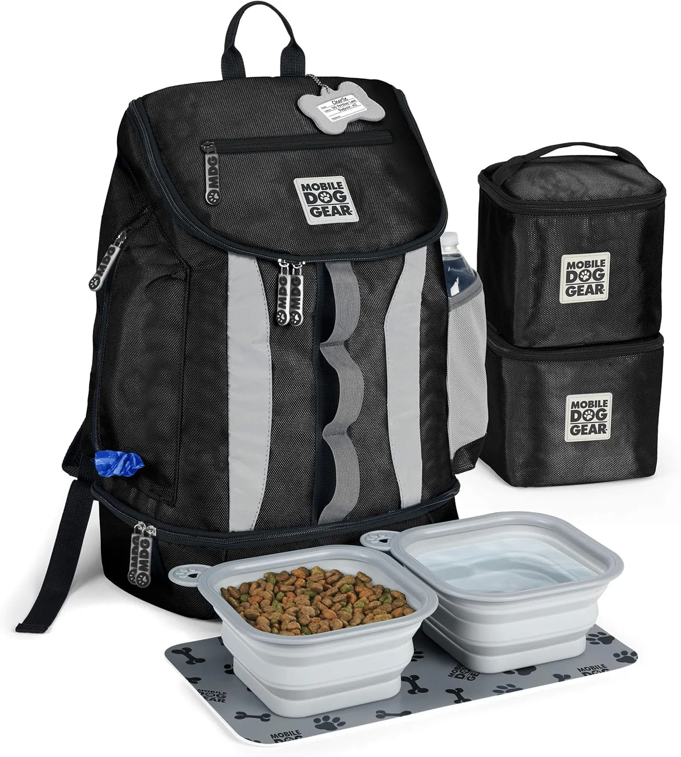 Mobile Dog Gear, Dog Travel Bag, Drop Bottom Week Away Backpack for Medium and Large Dogs, Includes 2 Lined Food Carriers and 2 Collapsible Dog Bowls, Black