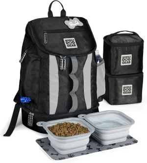 Mobile Dog Gear, Dog Travel Bag, Drop Bottom Week Away Backpack for Medium and Large Dogs, Includes 2 Lined Food Carriers and 2 Collapsible Dog Bowls, Black