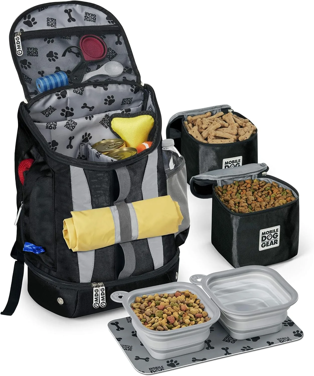 Mobile Dog Gear, Dog Travel Bag, Drop Bottom Week Away Backpack for Medium and Large Dogs, Includes 2 Lined Food Carriers and 2 Collapsible Dog Bowls, Black