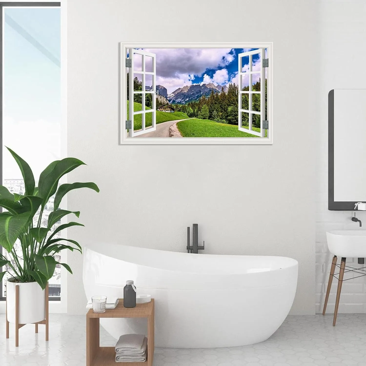 MOBYAT Canvas Print Wall Art Window View 3D Alpine rock path Nature Mountain Mural for Living Room Bedroom Decor 75x50cm(30x20in) Frameless