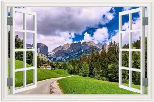 MOBYAT Canvas Print Wall Art Window View 3D Alpine rock path Nature Mountain Mural for Living Room Bedroom Decor 75x50cm(30x20in) Frameless