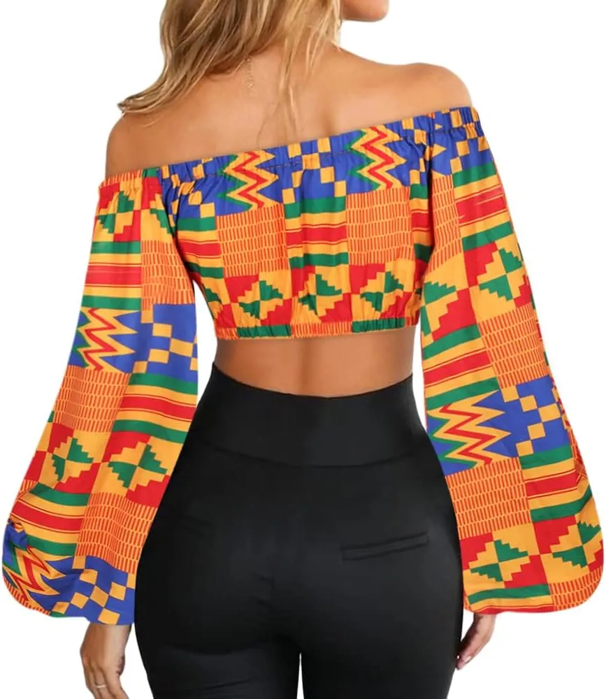 Mocure Women African Off Shoulder Crop Top Bohemia Printing Tube Blouse for Party Rave Festival