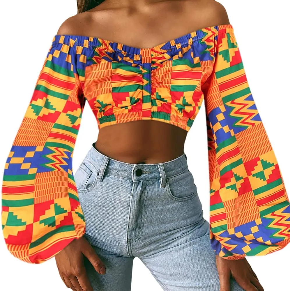 Mocure Women African Off Shoulder Crop Top Bohemia Printing Tube Blouse for Party Rave Festival