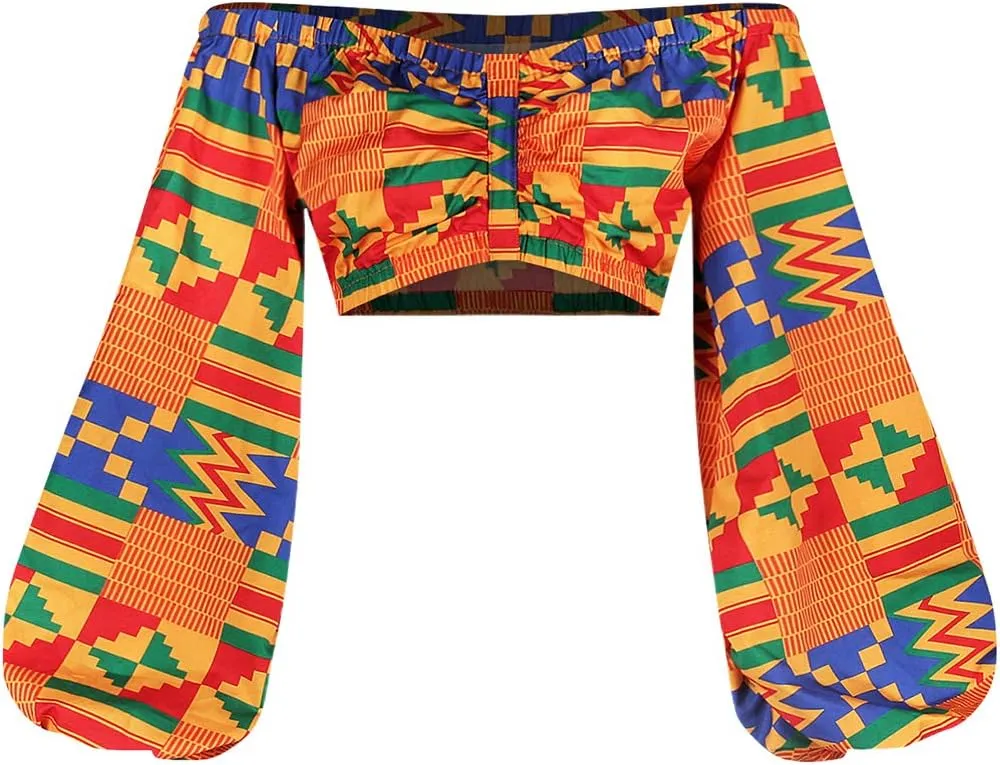 Mocure Women African Off Shoulder Crop Top Bohemia Printing Tube Blouse for Party Rave Festival