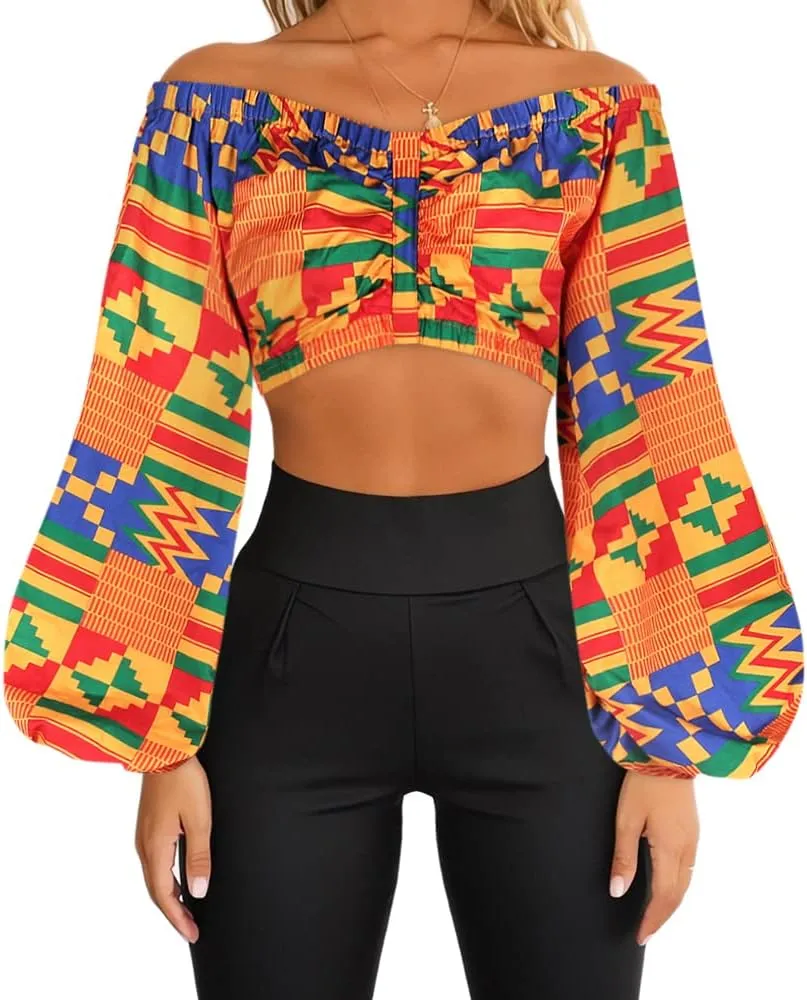 Mocure Women African Off Shoulder Crop Top Bohemia Printing Tube Blouse for Party Rave Festival
