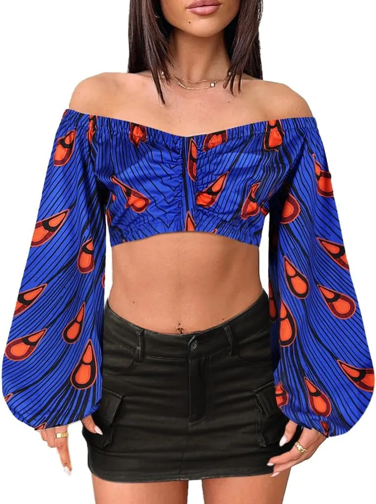 Mocure Women African Off Shoulder Crop Top Bohemia Printing Tube Blouse for Party Rave Festival