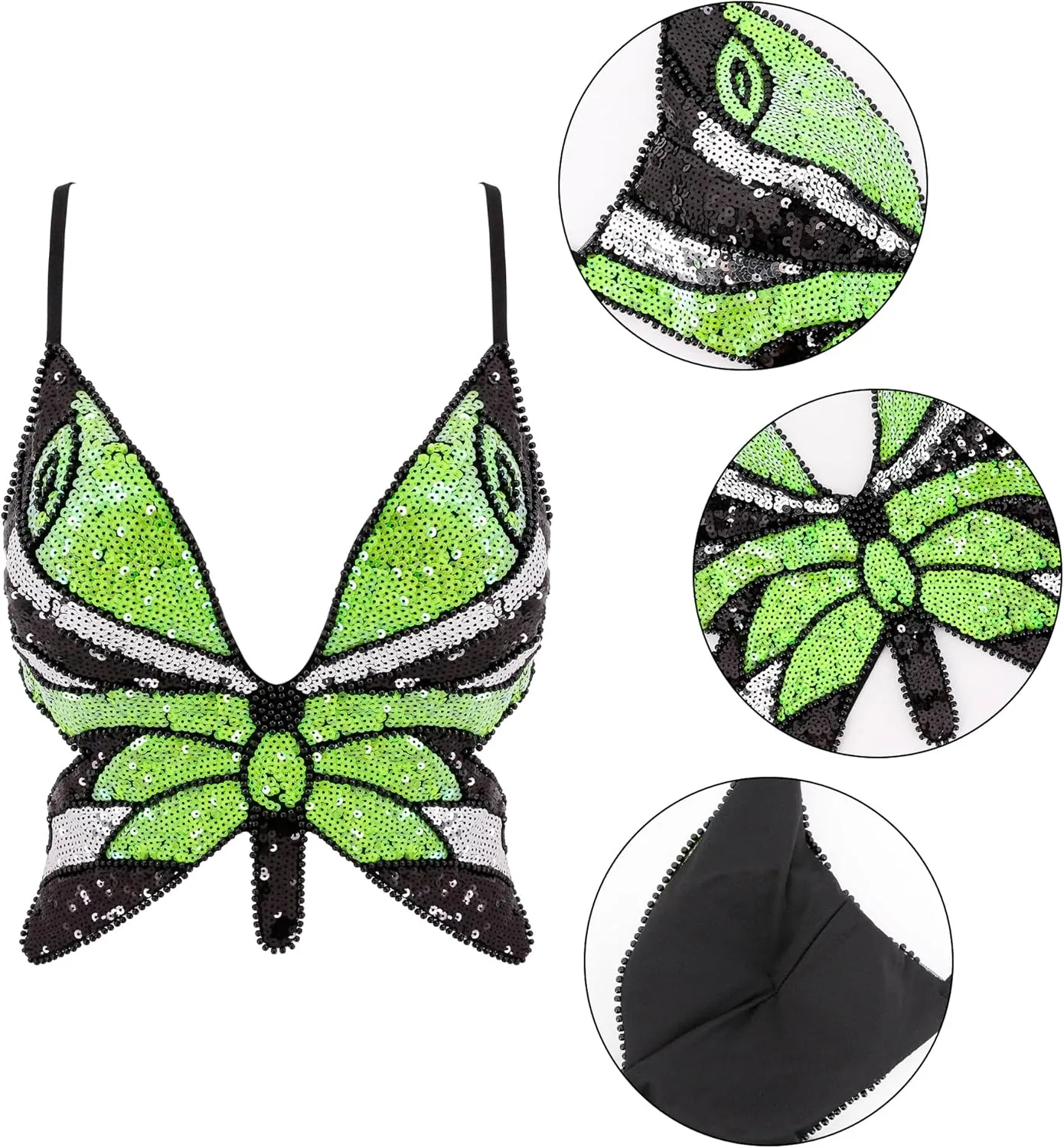 Mocure Womens Glitter Sequin Butterfly Crop Top Low-Cut Tank Top Rave Tube Vest Top for Belly Dance Costume Outfits