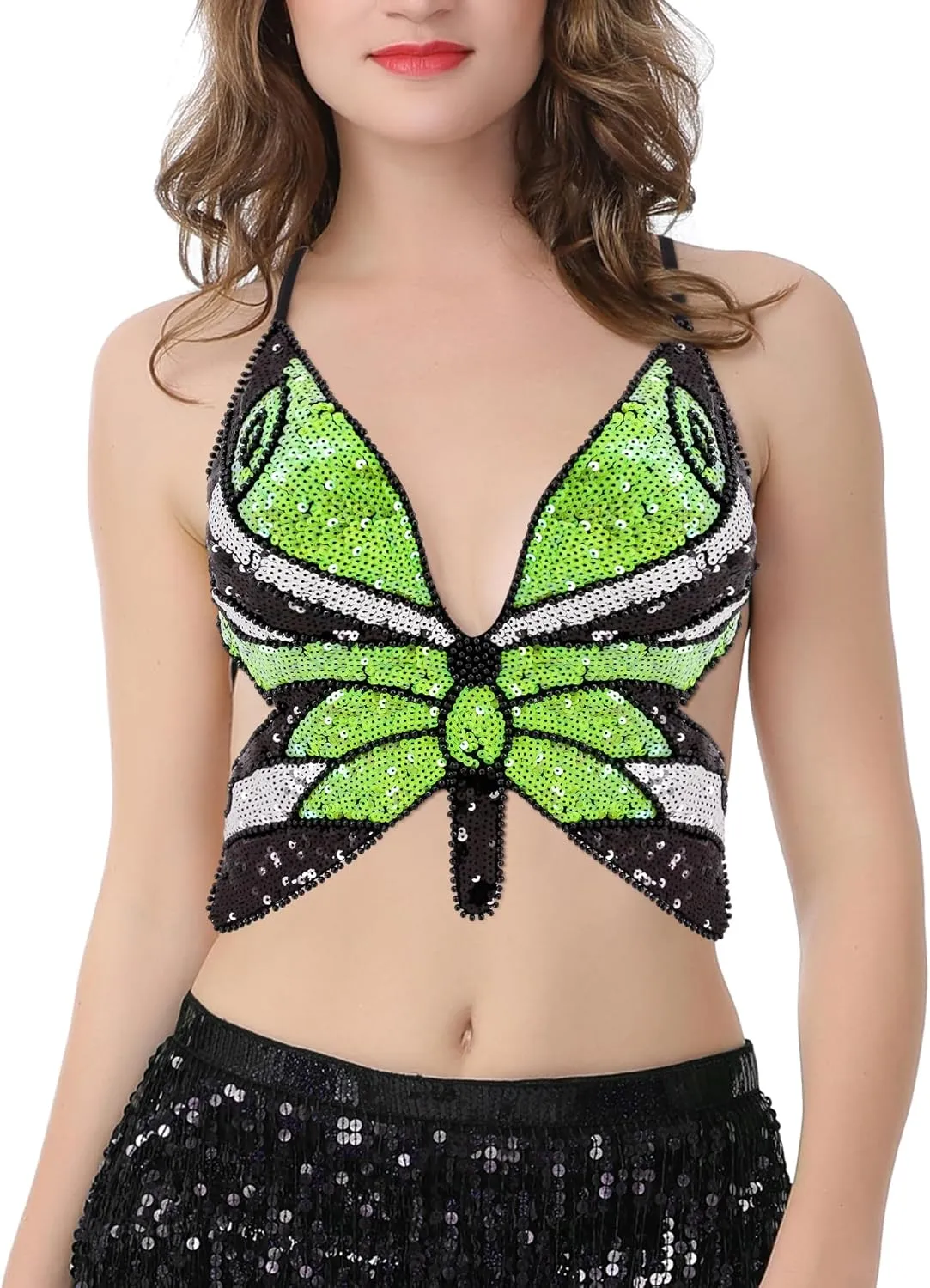 Mocure Womens Glitter Sequin Butterfly Crop Top Low-Cut Tank Top Rave Tube Vest Top for Belly Dance Costume Outfits