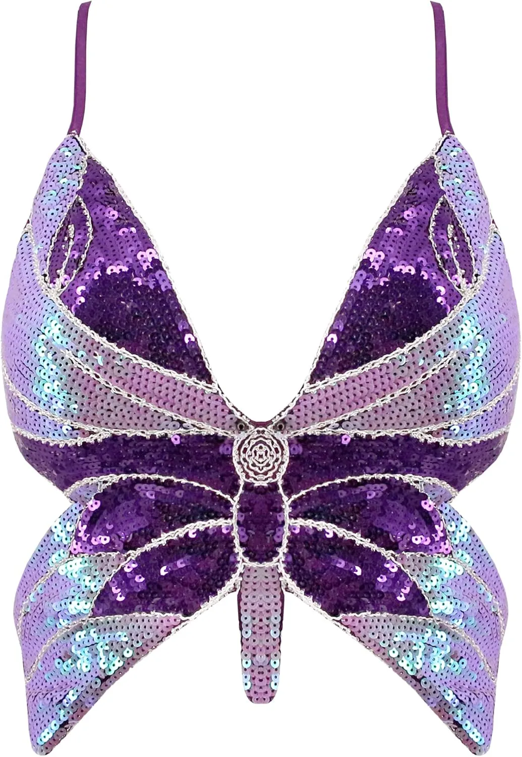 Mocure Womens Glitter Sequin Butterfly Crop Top Low-Cut Tank Top Rave Tube Vest Top for Belly Dance Costume Outfits