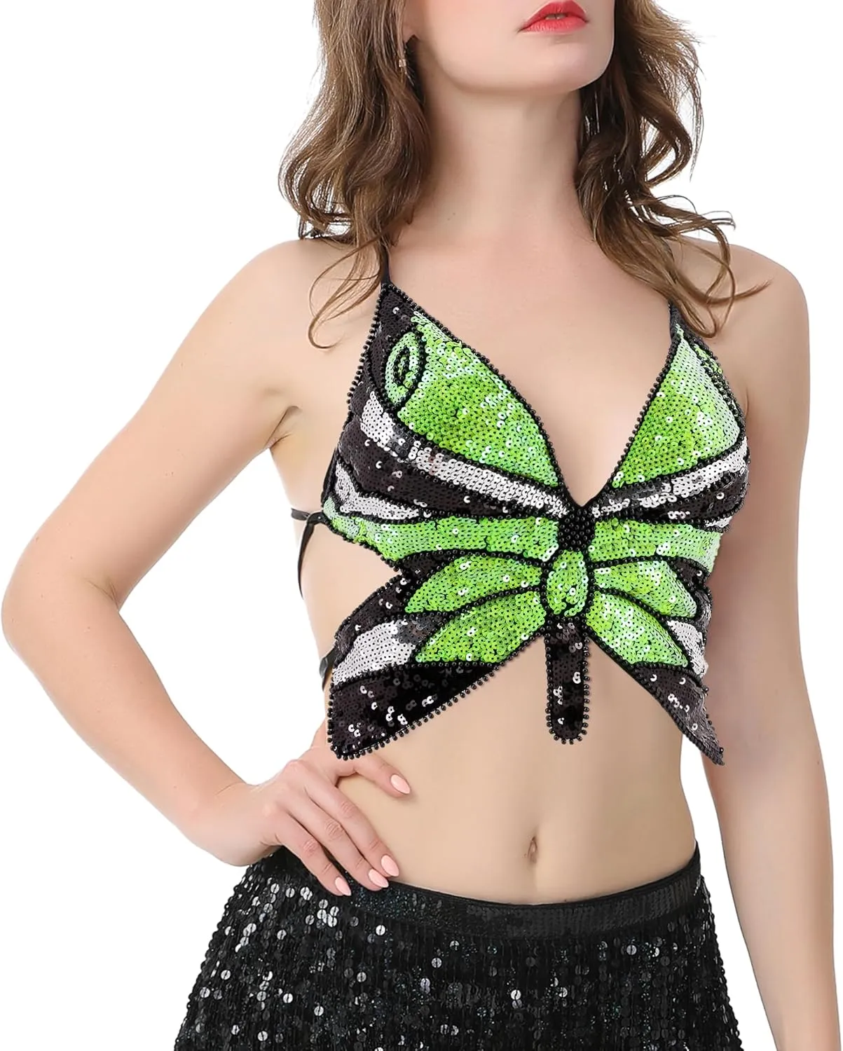 Mocure Womens Glitter Sequin Butterfly Crop Top Low-Cut Tank Top Rave Tube Vest Top for Belly Dance Costume Outfits