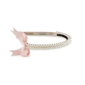 Molly Double Strand Pearl Grosgrain Bow Headband - Ballet Slipper, Elegant Double-Strand Pearl Design with Side Bow, Rubberized Teeth for Comfort and Secure Hold