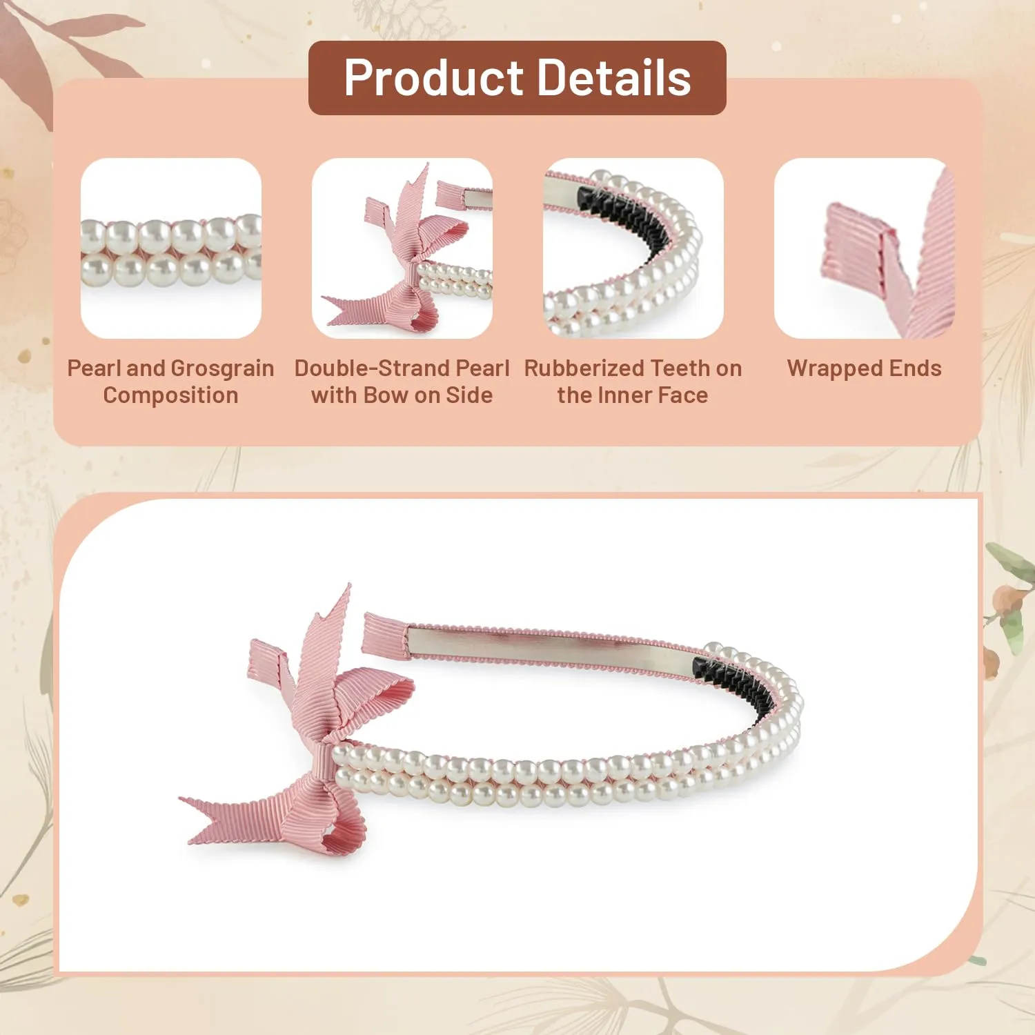 Molly Double Strand Pearl Grosgrain Bow Headband - Ballet Slipper, Elegant Double-Strand Pearl Design with Side Bow, Rubberized Teeth for Comfort and Secure Hold