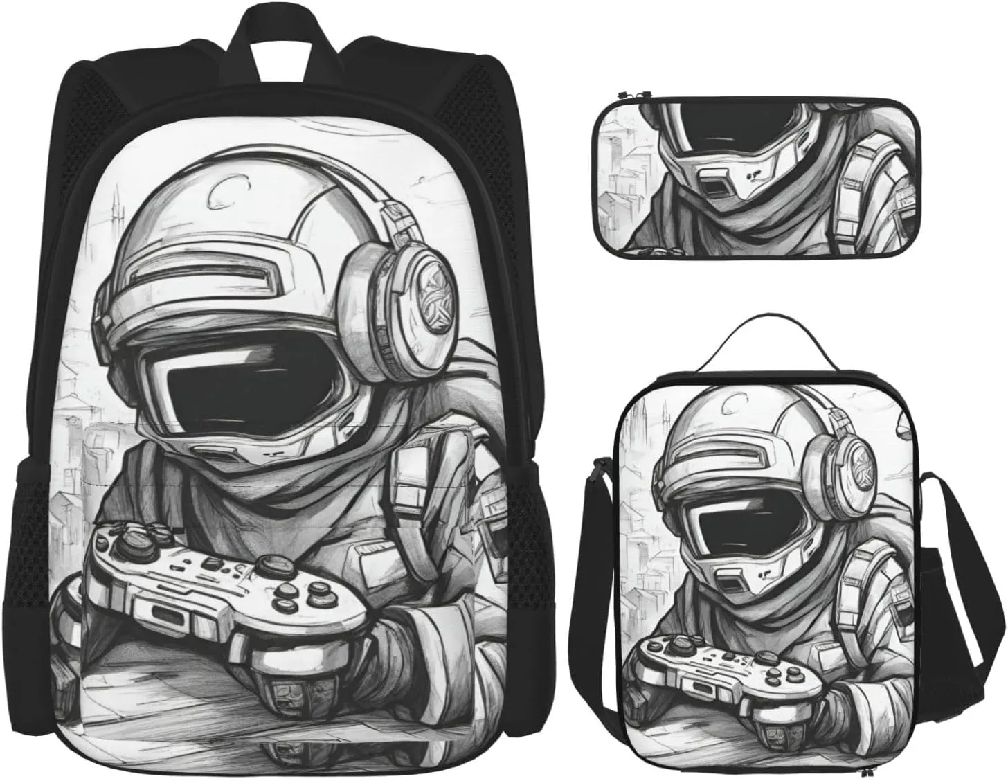 Monochrome Sketch Style Gaming Print 3 In 1 Backpack Set With Lunch Bag And Pencil Case,Suitable Work,Picnic,Travel