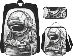 Monochrome Sketch Style Gaming Print 3 In 1 Backpack Set With Lunch Bag And Pencil Case,Suitable Work,Picnic,Travel