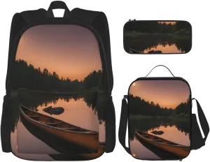 Moonlit Canoe Allagash River Print 3 In 1 Backpack Set With Lunch Bag And Pencil Case,Suitable Work,Picnic,Travel