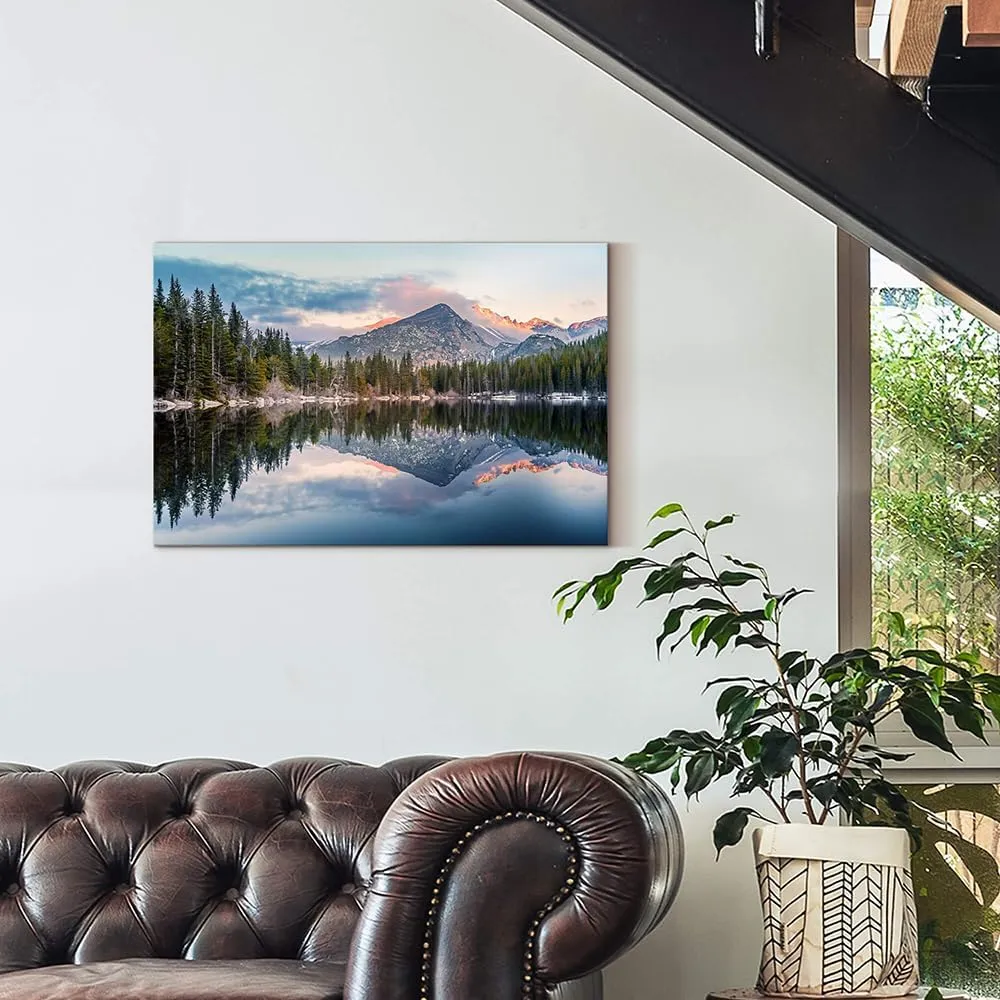 Mountain Lake Canvas Wall Art: Woodland Picture Landscape Painting Nature Forest Scenery Reflection Artwork Rustic Pine Tree Scenic Print Wilderness Photography for Bedroom Living Room Home Office
