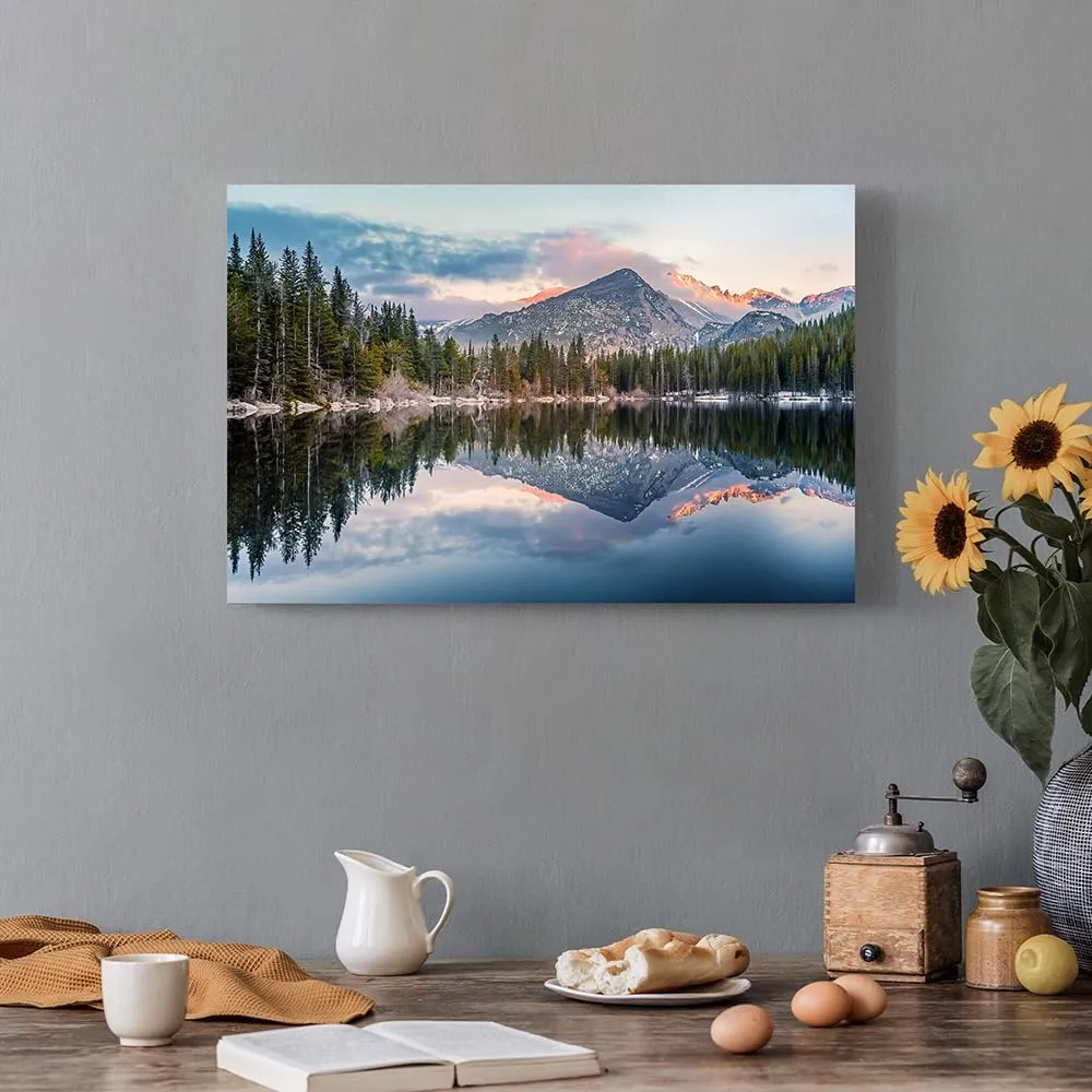 Mountain Lake Canvas Wall Art: Woodland Picture Landscape Painting Nature Forest Scenery Reflection Artwork Rustic Pine Tree Scenic Print Wilderness Photography for Bedroom Living Room Home Office