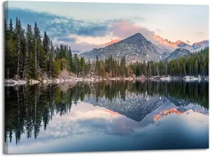 Mountain Lake Canvas Wall Art: Woodland Picture Landscape Painting Nature Forest Scenery Reflection Artwork Rustic Pine Tree Scenic Print Wilderness Photography for Bedroom Living Room Home Office