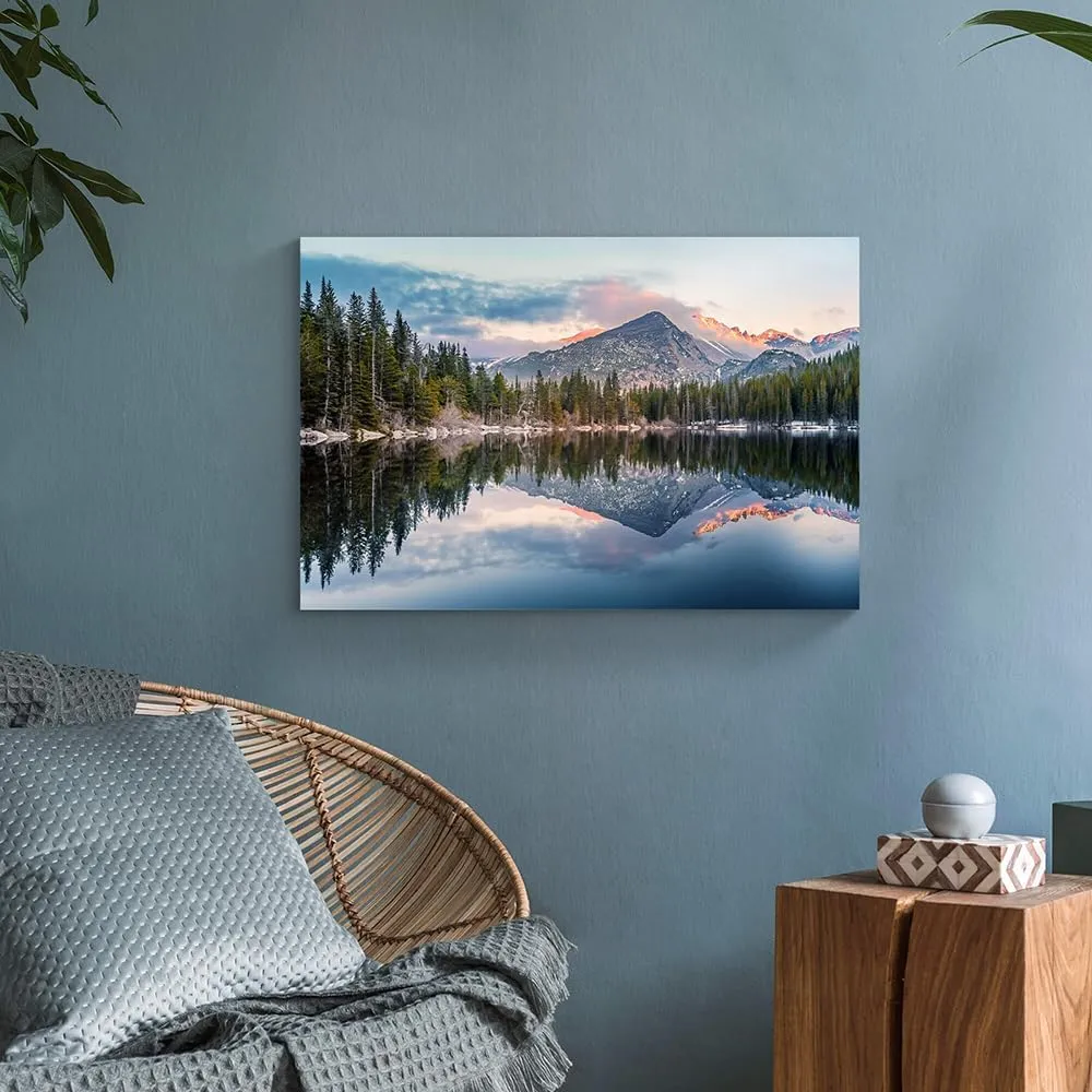 Mountain Lake Canvas Wall Art: Woodland Picture Landscape Painting Nature Forest Scenery Reflection Artwork Rustic Pine Tree Scenic Print Wilderness Photography for Bedroom Living Room Home Office