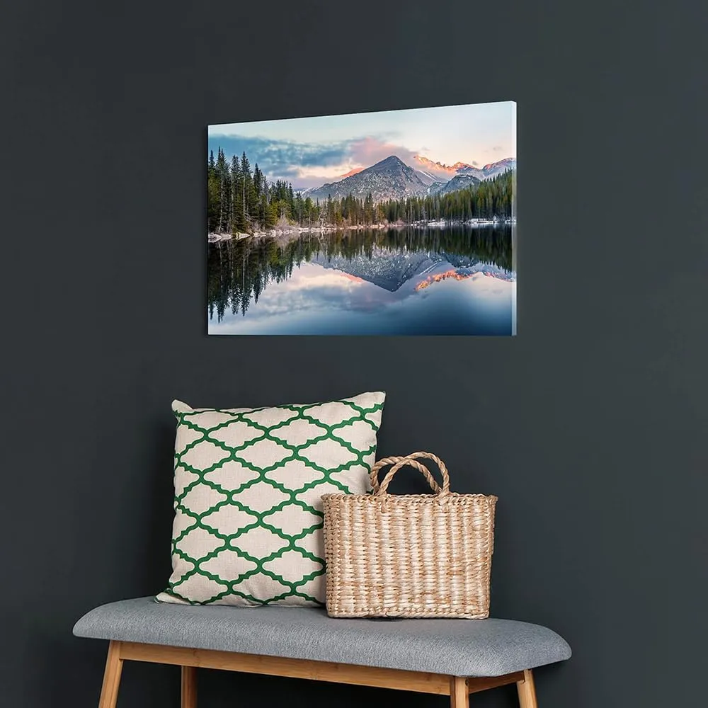 Mountain Lake Canvas Wall Art: Woodland Picture Landscape Painting Nature Forest Scenery Reflection Artwork Rustic Pine Tree Scenic Print Wilderness Photography for Bedroom Living Room Home Office