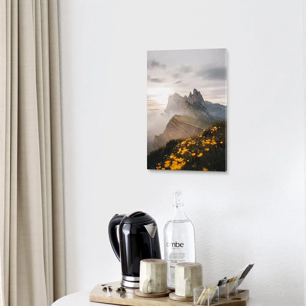 Mountian Sunrise Canvas Wall Art: Vertical Great Smoky Mountains Painting Yellow Wildflower Photography Prints National Park Picture Nature Landscape Artowrk for Living Room