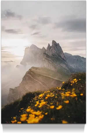 Mountian Sunrise Canvas Wall Art: Vertical Great Smoky Mountains Painting Yellow Wildflower Photography Prints National Park Picture Nature Landscape Artowrk for Living Room