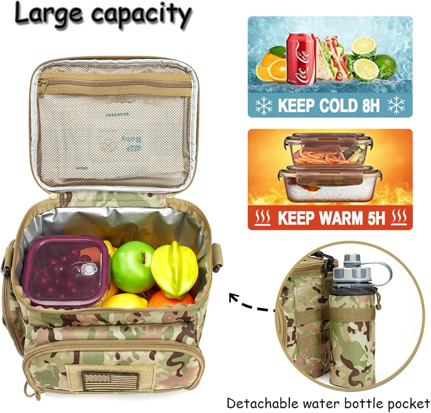 MOV COMPRA Tactical Lunch Bag for Men, Insulated Lunch Box Leakproof for Men Large Capacity with MOLLE Water Bottle Pouch Lunchbox for Adults for Work, Picnic（Camouflage Green）
