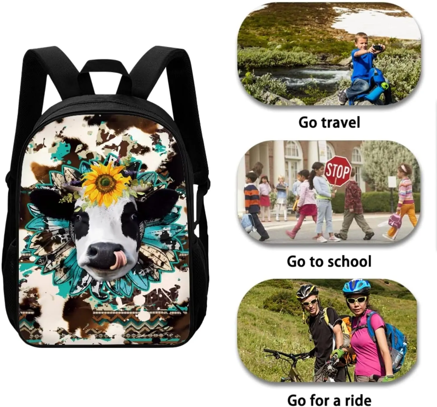 Mumeson 3D Cow Sunflower 3 Pack Schoolbag Backpack Set School Backpack with Insulated Lunch Bag Thermal Heat,Lightweight Portable Pencil Case Pen Bag Set