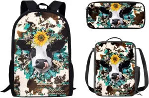 Mumeson 3D Cow Sunflower 3 Pack Schoolbag Backpack Set School Backpack with Insulated Lunch Bag Thermal Heat,Lightweight Portable Pencil Case Pen Bag Set
