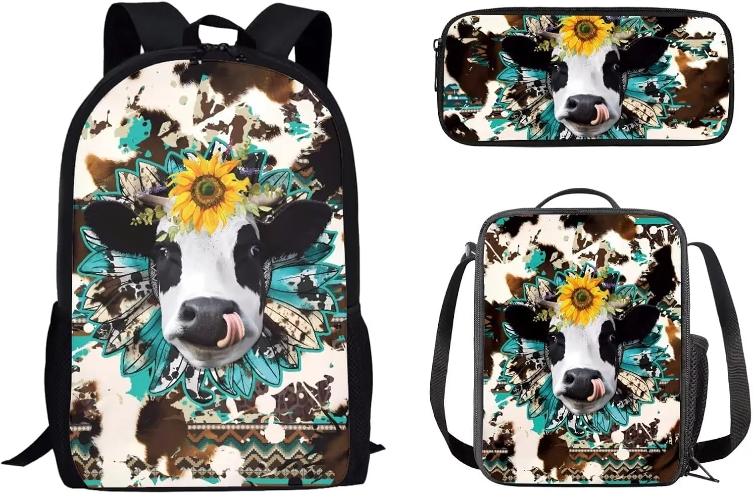 Mumeson 3D Cow Sunflower 3 Pack Schoolbag Backpack Set School Backpack with Insulated Lunch Bag Thermal Heat,Lightweight Portable Pencil Case Pen Bag Set