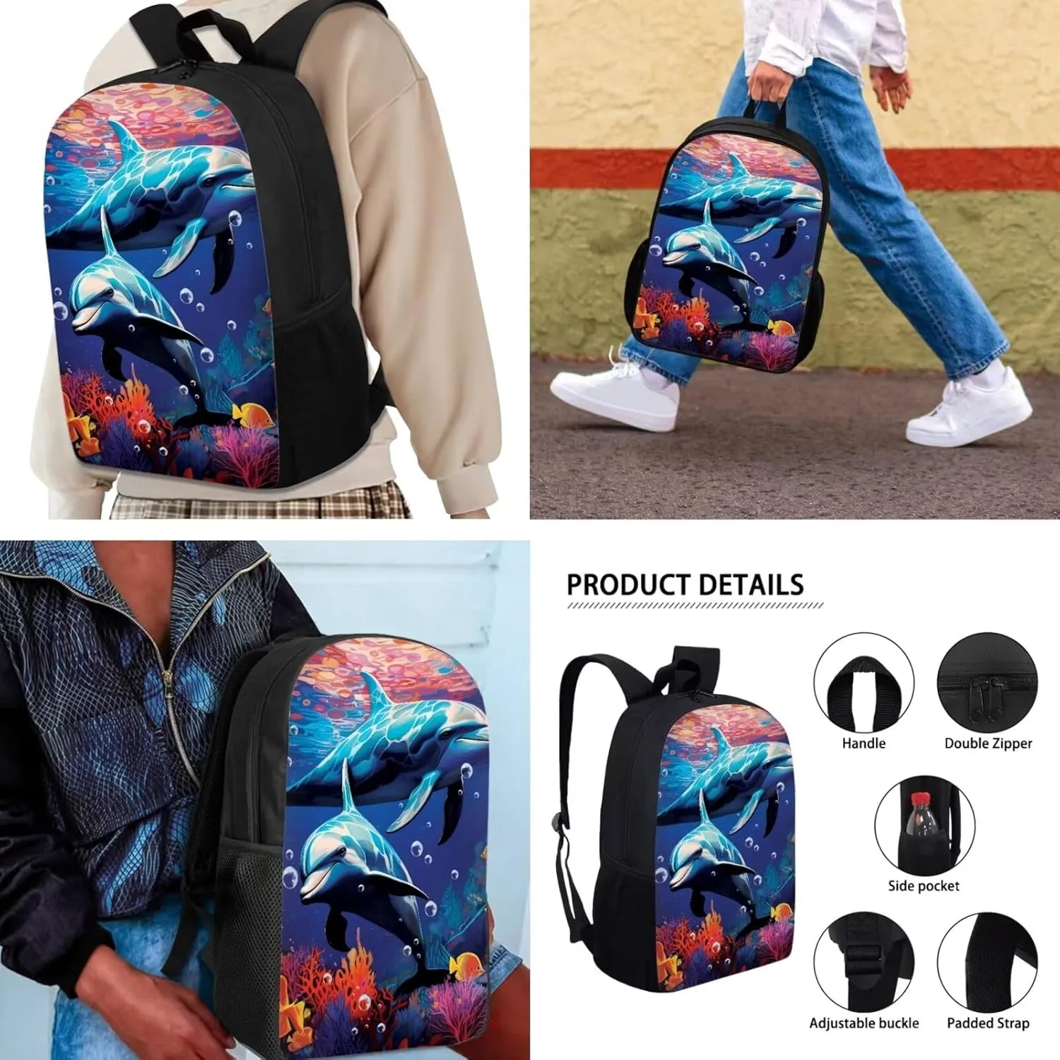 Mumeson 3D Dolphin School Bag Set Kids Daypack School Bookbag Set Large Capacity School Daypack with Lunch Bag Insulated Lunch Box Pencil Bag 3 Pieces Set