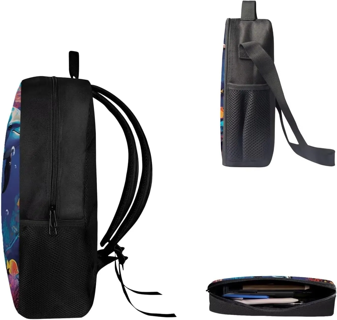 Mumeson 3D Dolphin School Bag Set Kids Daypack School Bookbag Set Large Capacity School Daypack with Lunch Bag Insulated Lunch Box Pencil Bag 3 Pieces Set