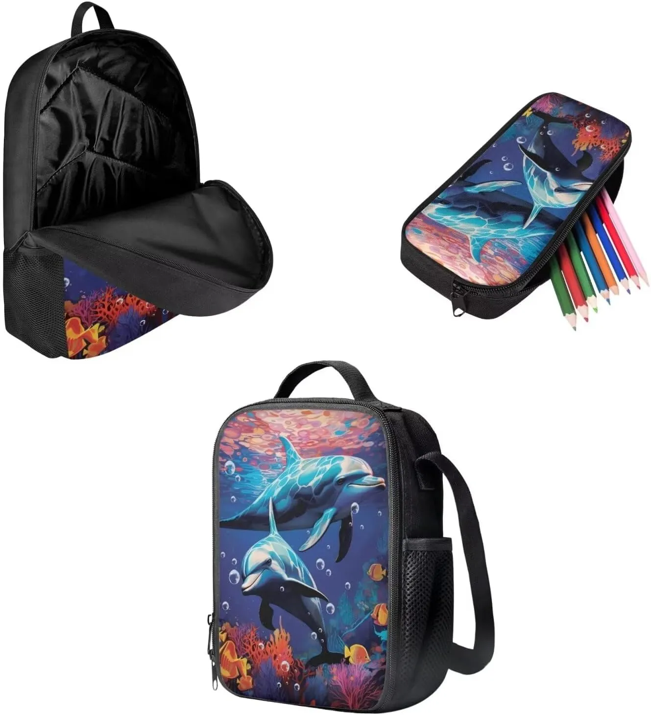 Mumeson 3D Dolphin School Bag Set Kids Daypack School Bookbag Set Large Capacity School Daypack with Lunch Bag Insulated Lunch Box Pencil Bag 3 Pieces Set