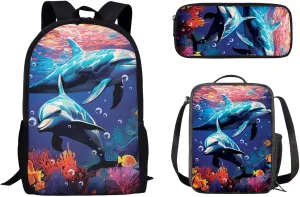 Mumeson 3D Dolphin School Bag Set Kids Daypack School Bookbag Set Large Capacity School Daypack with Lunch Bag Insulated Lunch Box Pencil Bag 3 Pieces Set