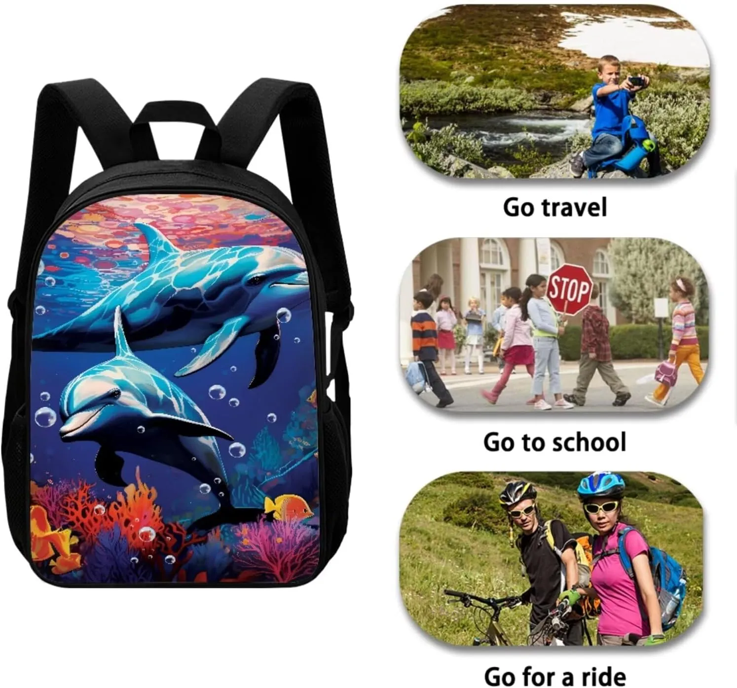 Mumeson 3D Dolphin School Bag Set Kids Daypack School Bookbag Set Large Capacity School Daypack with Lunch Bag Insulated Lunch Box Pencil Bag 3 Pieces Set