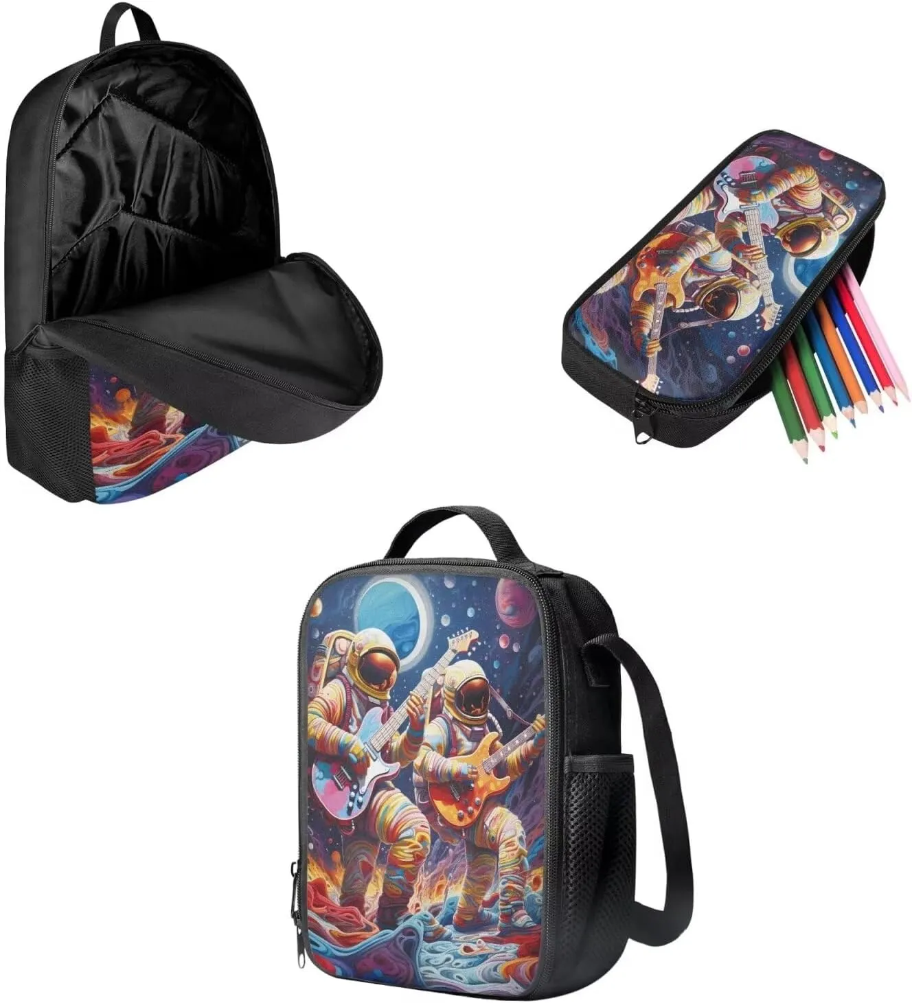Mumeson Astronaut Pattern Backpack Kids School Backpacks Satchel Casual Rucksack Daypack for Girls Boys Casual Rucksack Backpack with Lunch Bag Pencil Bag