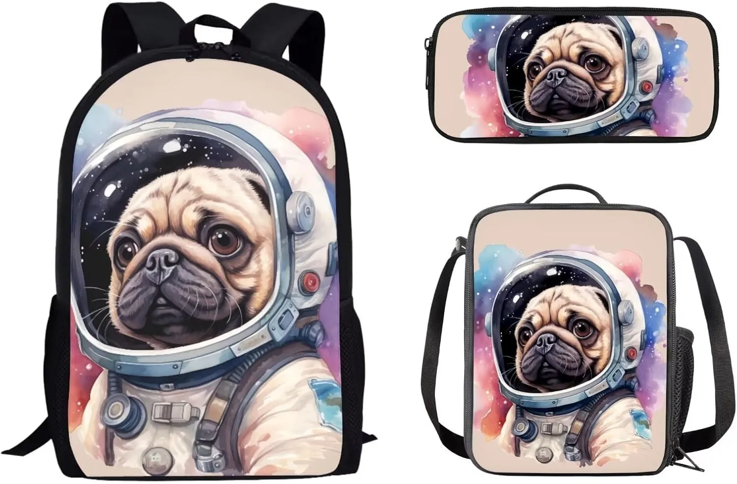 Mumeson Astronaut Pug Dog Kid's Backpack Set for Elementary or Middle School Bags Backpack Set and Insulated Lunch Tote Bags Shoulder Bags Small Pencase 3 Pack Sets