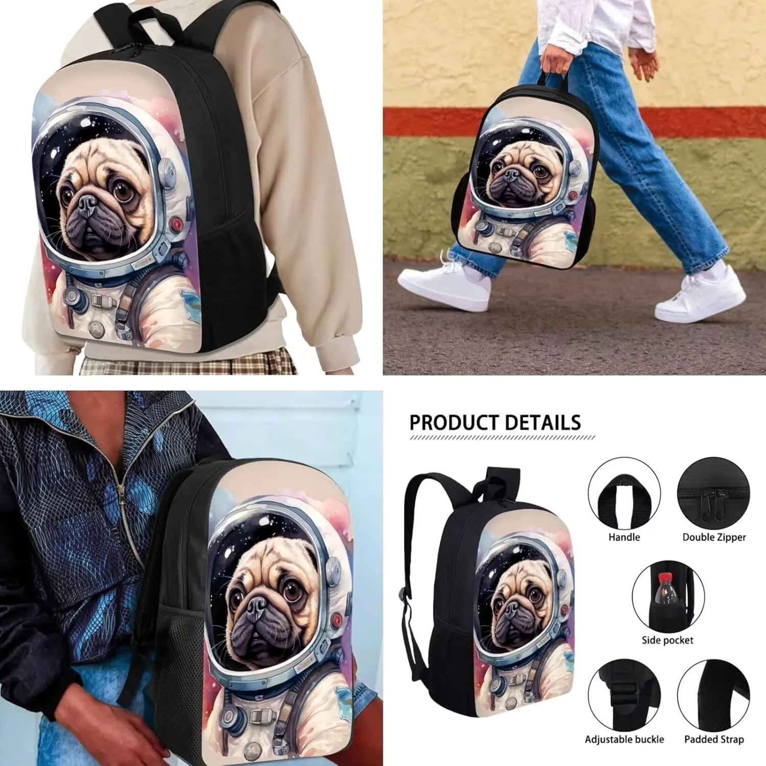 Mumeson Astronaut Pug Dog Kid's Backpack Set for Elementary or Middle School Bags Backpack Set and Insulated Lunch Tote Bags Shoulder Bags Small Pencase 3 Pack Sets