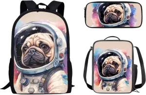 Mumeson Astronaut Pug Dog Kid's Backpack Set for Elementary or Middle School Bags Backpack Set and Insulated Lunch Tote Bags Shoulder Bags Small Pencase 3 Pack Sets