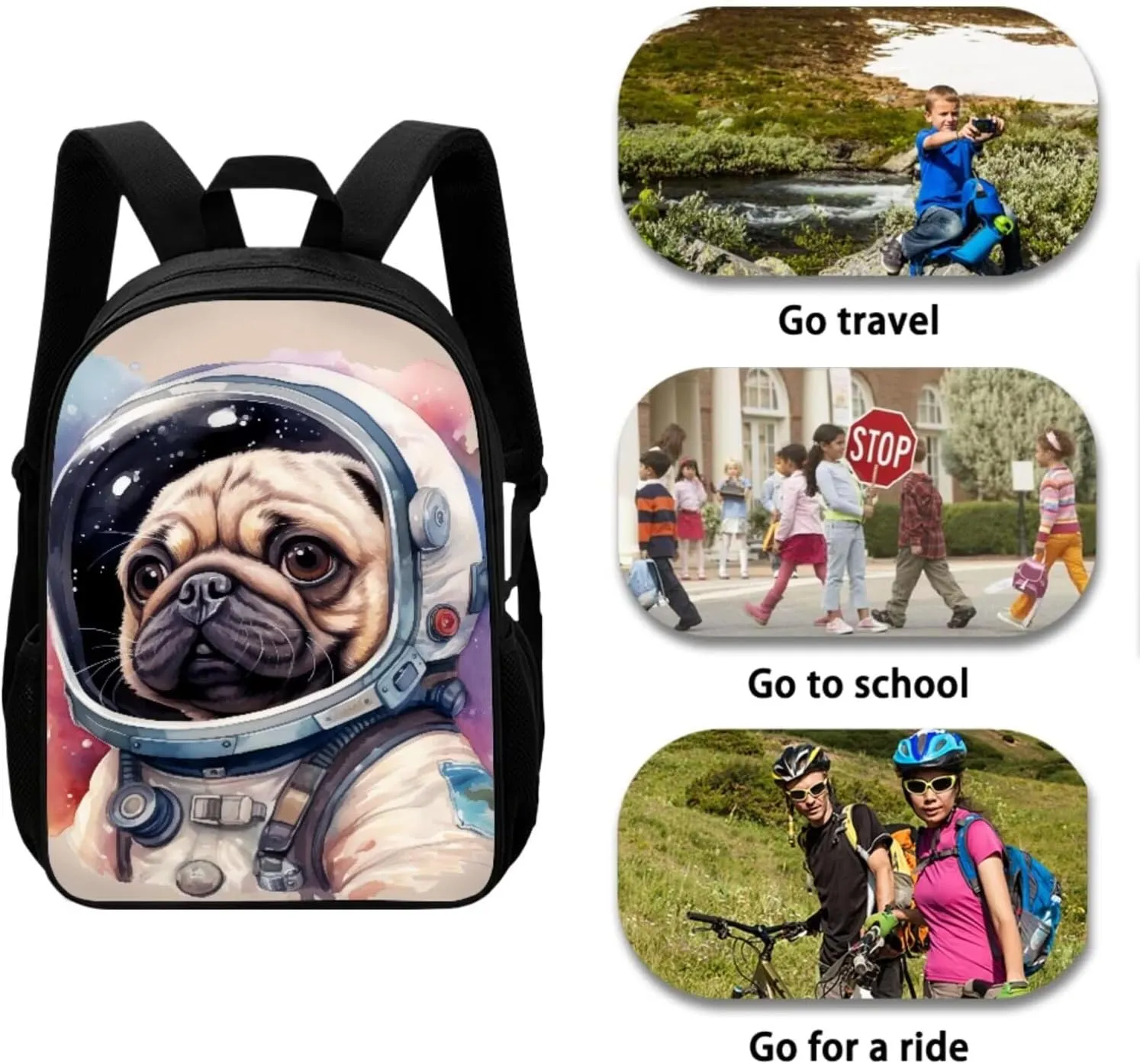 Mumeson Astronaut Pug Dog Kid's Backpack Set for Elementary or Middle School Bags Backpack Set and Insulated Lunch Tote Bags Shoulder Bags Small Pencase 3 Pack Sets