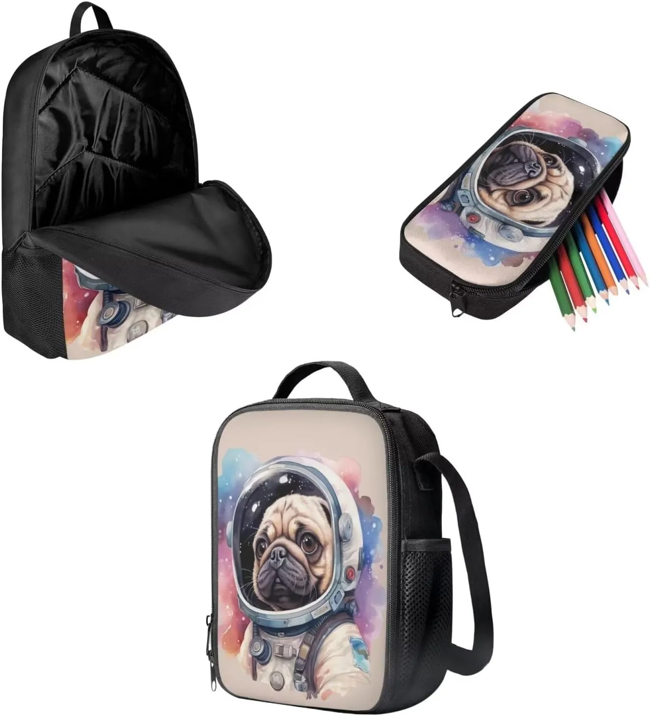 Mumeson Astronaut Pug Dog Kid's Backpack Set for Elementary or Middle School Bags Backpack Set and Insulated Lunch Tote Bags Shoulder Bags Small Pencase 3 Pack Sets