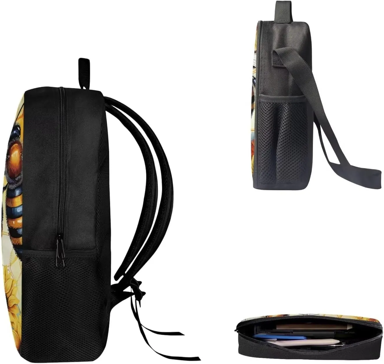 Mumeson Bee 3 Pack Schoolbag Backpack Set School Backpack with Insulated Lunch Bag Thermal Heat,Lightweight Portable Pencil Case Pen Bag Set