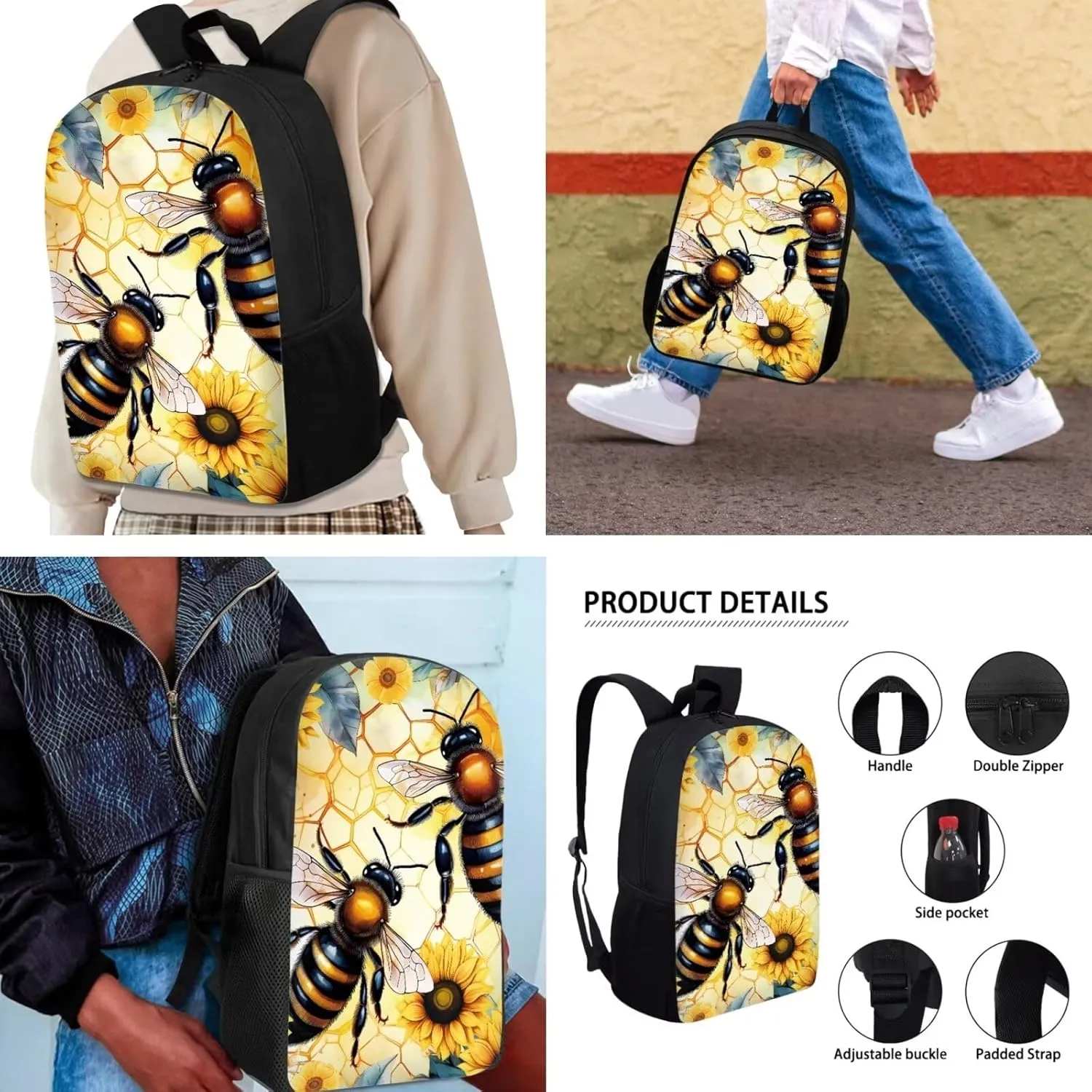 Mumeson Bee 3 Pack Schoolbag Backpack Set School Backpack with Insulated Lunch Bag Thermal Heat,Lightweight Portable Pencil Case Pen Bag Set