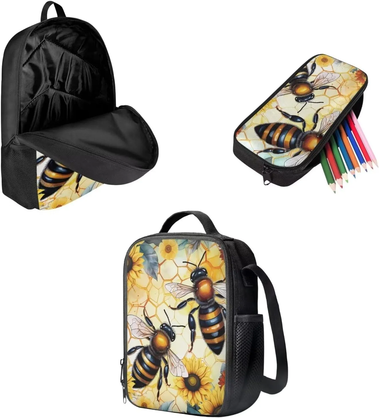 Mumeson Bee 3 Pack Schoolbag Backpack Set School Backpack with Insulated Lunch Bag Thermal Heat,Lightweight Portable Pencil Case Pen Bag Set